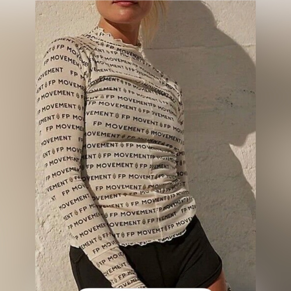 2 Free People Mock Neck High Jump Printed Logo Long Sleeve Pre Loved
